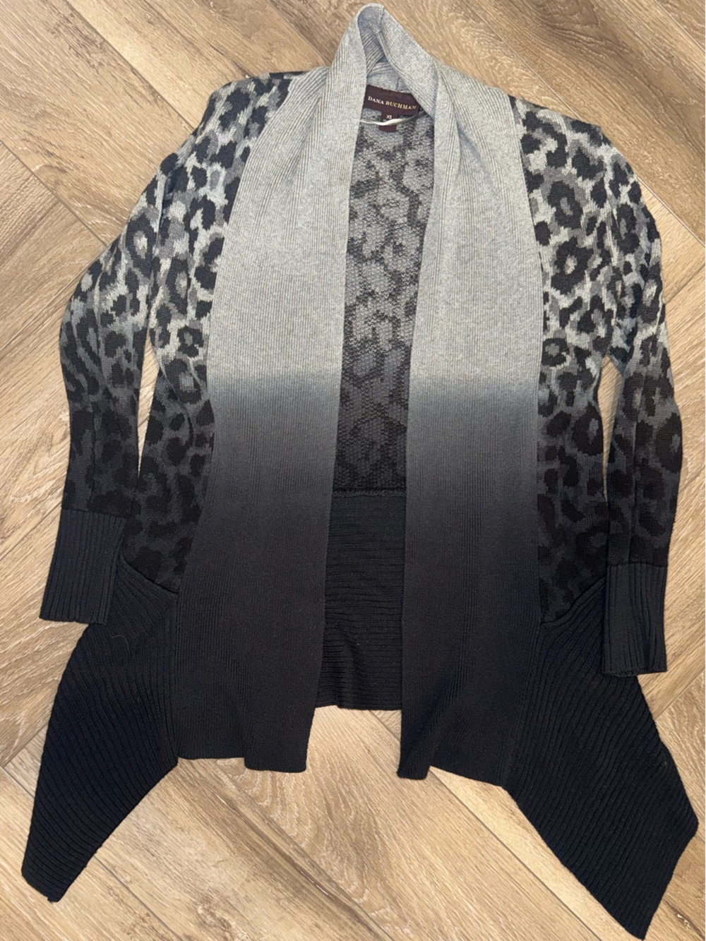 Dana Buchman Gray Leopard Print Open Front Sweater